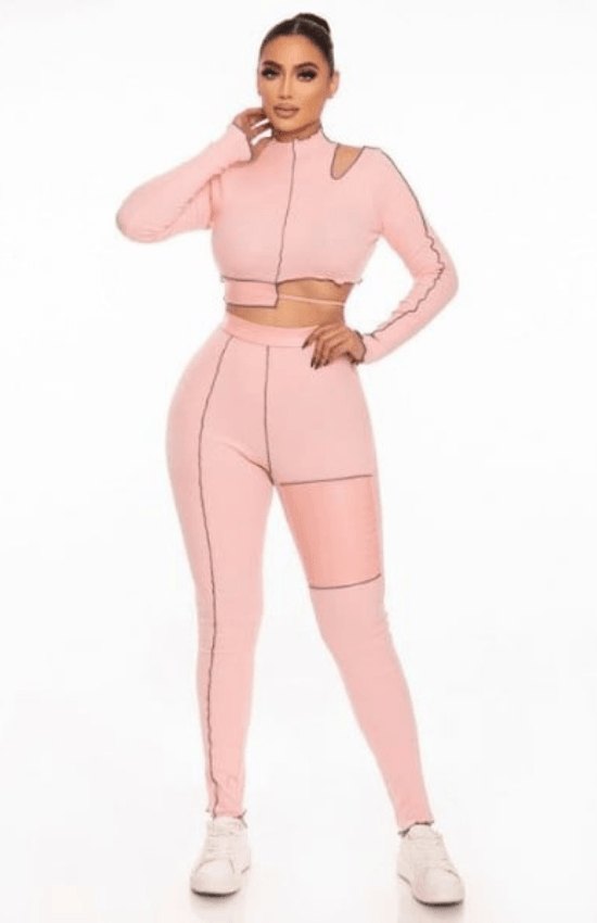 Lina Long Sleeve Cropped Top With Hight Waist Matching Legging Set-Nude