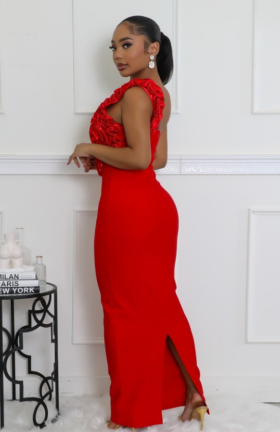 One Shoulder Sleeveless Cutout Ruffles Stretch Maxi Dress-Red