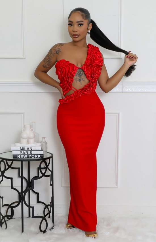 One Shoulder Sleeveless Cutout Ruffles Stretch Maxi Dress-Red