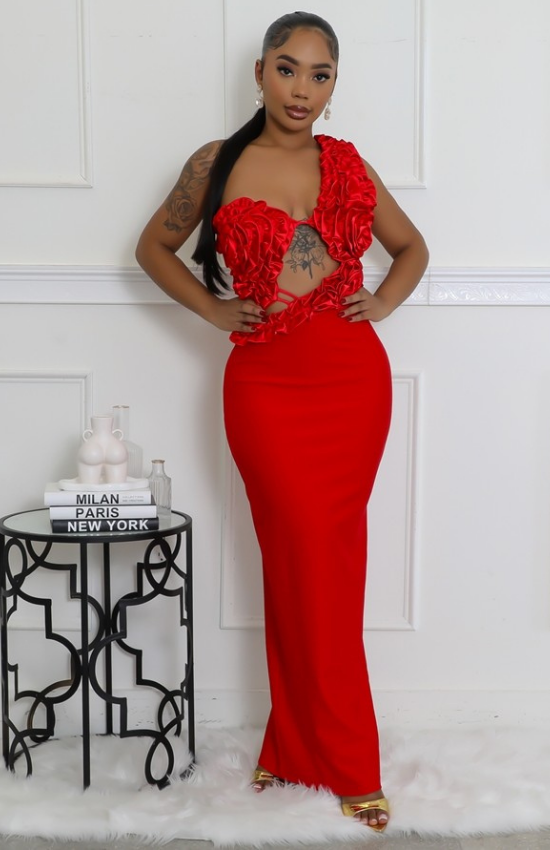 One Shoulder Sleeveless Cutout Ruffles Stretch Maxi Dress-Red