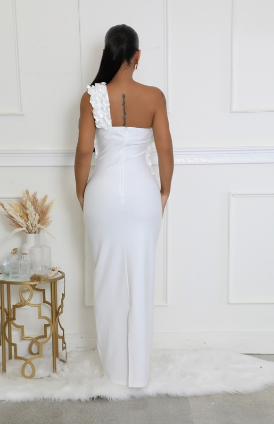 One Shoulder Sleeveless Cutout Ruffles Stretch Maxi Dress-White