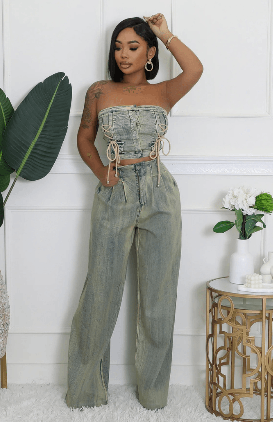 Alyssa Tube Top High-Waisted Pants Wide-Leg Button Zipper Closure Stretch Pant Set