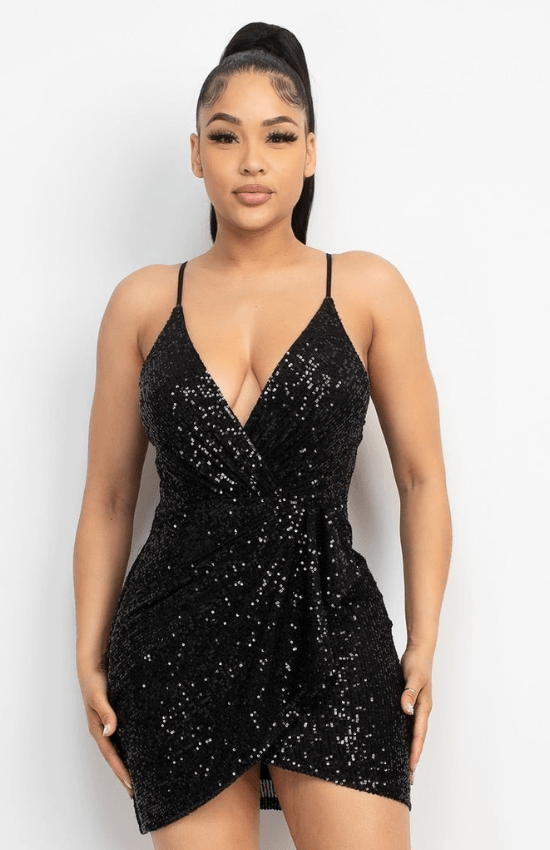 Briana Sequin-Studded Wrap-Front Design Chic Mini Dress