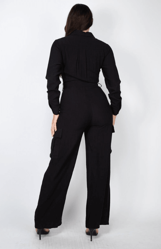 Maria Statement Piece Button-down with Zip-Up Sash Belt Cargo Bottom Straight Leg Jumpsuit