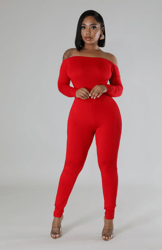 Megan Off Shoulder Long Sleeves Open Back Stretch Jumpsuit-Red