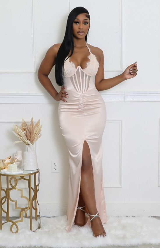 Lala Underwire Sheer Detail Halter neck Sleeveless Maxi Dress-Champagne