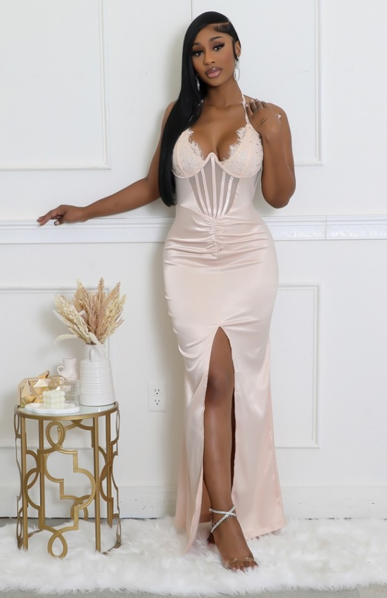 Lala Underwire Sheer Detail Halter neck Sleeveless Maxi Dress-Champagne