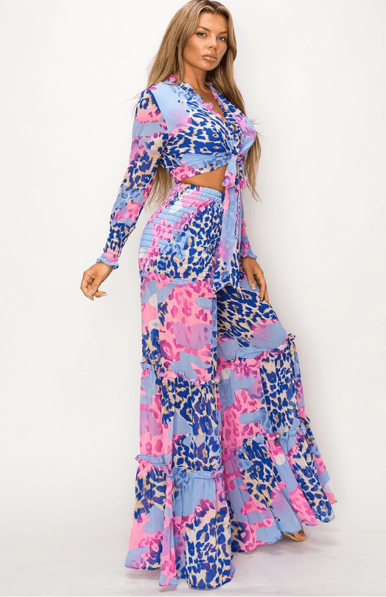 Karen Print Long Sleeves Top with Matching Wide Leg Pants Set-Multi blue