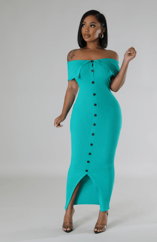 Layler Off Shoulder Short Sleeves Button Closure Long Dress-Emerald