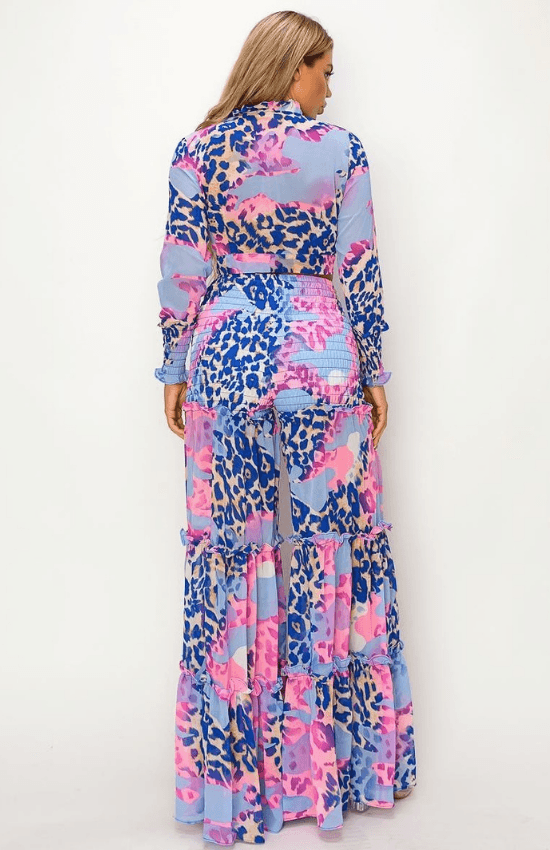 Karen Print Long Sleeves Top with Matching Wide Leg Pants Set-Multi blue