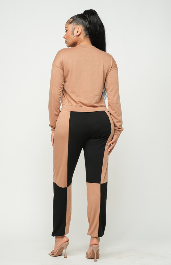 Lisa solid long sleeve top and color block pants set