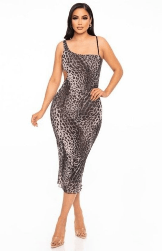 Rose Classic Leopard Print Cut Out Mesh See Through Midi dress