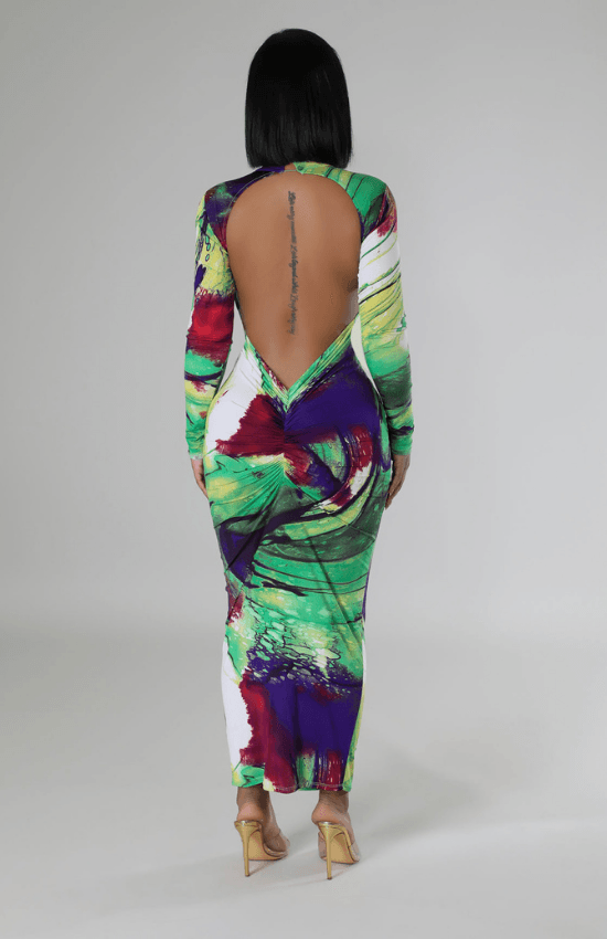 Skylar Mock Neck Long Sleeves Open Back Maxi Dress-Multi