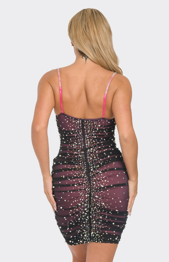 Sara Pearl Rhinestone Rushed Mesh Draped Bodycon Mini Dress-Black/Hot Pink