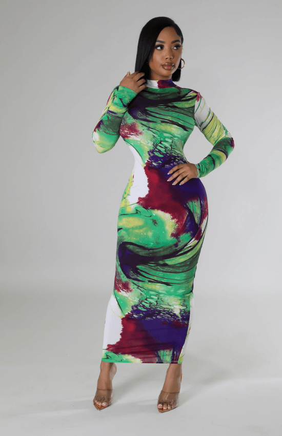 Skylar Mock Neck Long Sleeves Open Back Maxi Dress-Multi