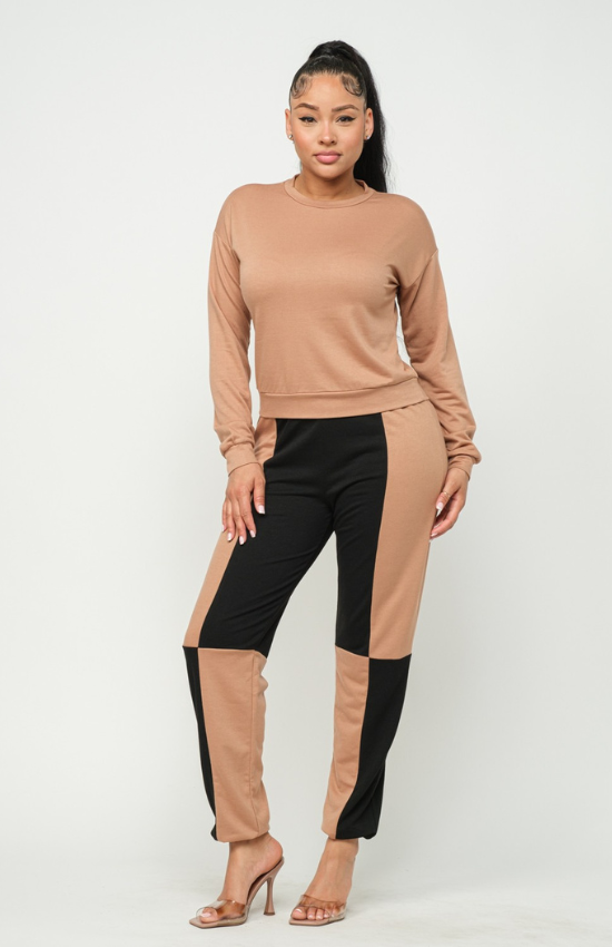 Lisa solid long sleeve top and color block pants set