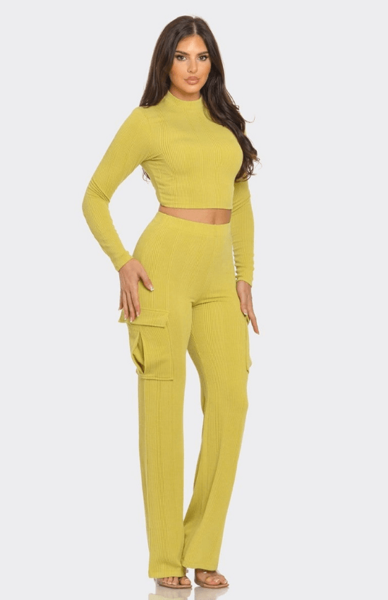 Kaliah Rib Solid Mock Neck Long Sleeve Crop Top and Side Cargo Pockets Pants Set-Chartreuse