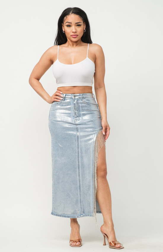 Lorie Metallic Foil Side Slit Denim Rhinestone Skirt