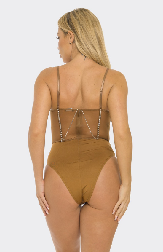 Lora Rhinestone Embellished Mesh Bodysuit-Brown