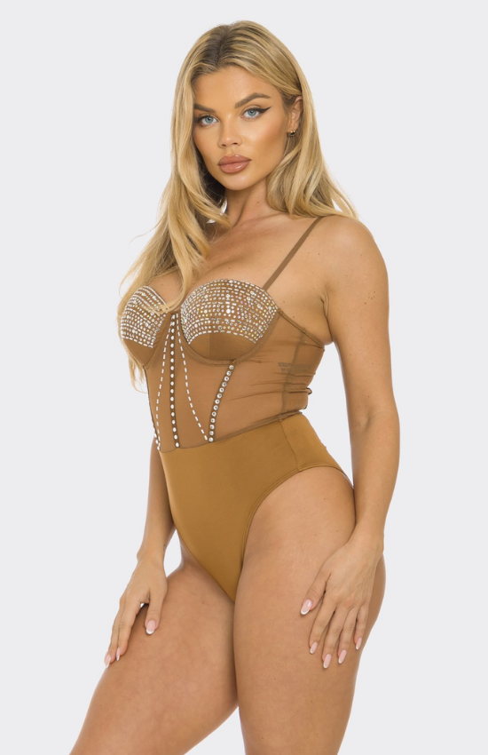 Lora Rhinestone Embellished Mesh Bodysuit-Brown