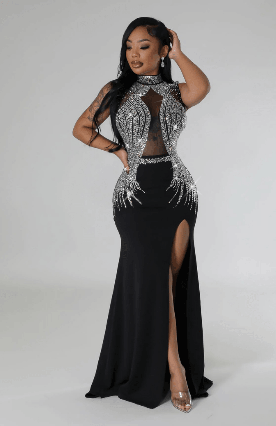 Bella Rhinestone Embellished Contract Elegant Maxi Dress-Black