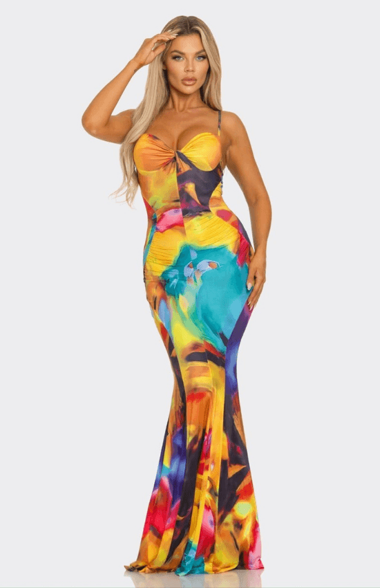 Fabiola Knotted bodice Multi Abstract Print Maxi Dress-Yellow Multi