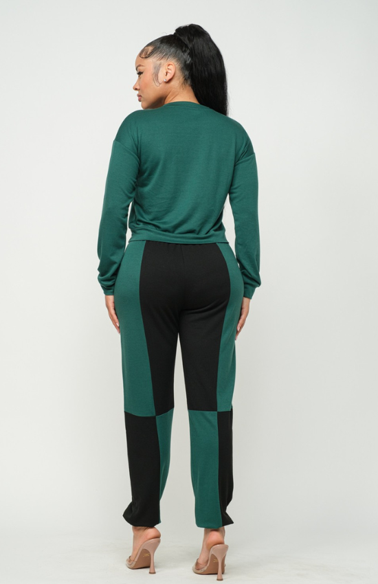 Lisa solid long sleeve top and color block pants set