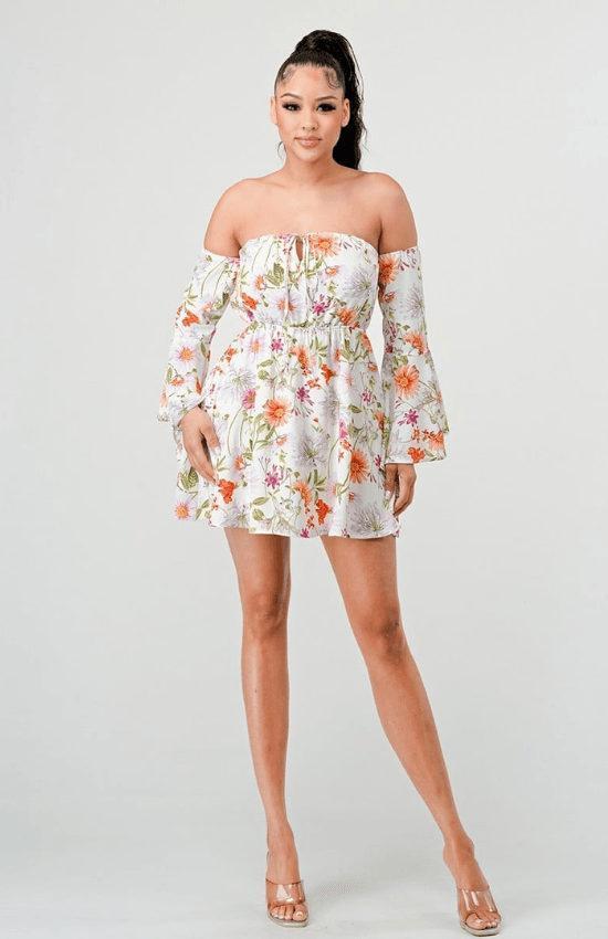 Lala Off Shoulder Bell Sleeves Keyhole Floral Mini Dress-Ivory