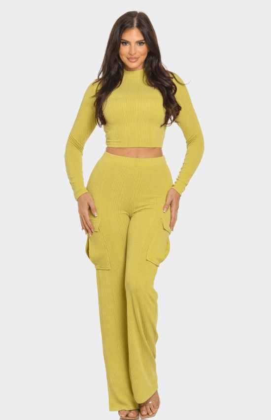 Kaliah Rib Solid Mock Neck Long Sleeve Crop Top and Side Cargo Pockets Pants Set-Chartreuse