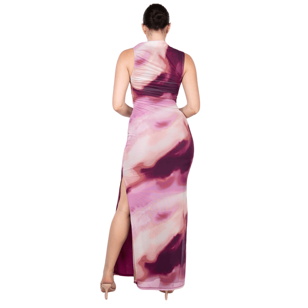 Betty Abstract-Print Rushed Side Slit Sleeveless Cut Maxi Dress