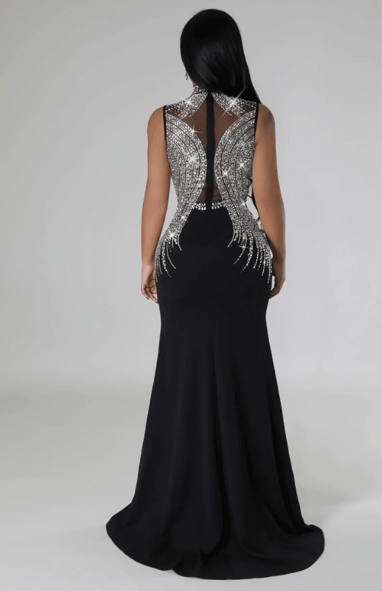 Bella Rhinestone Embellished Contract Elegant Maxi Dress-Black