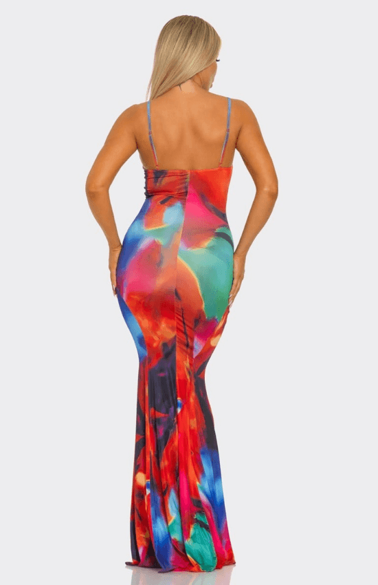 Fabiola Knotted bodice Multi Abstract Print Maxi Dress-Red Multi