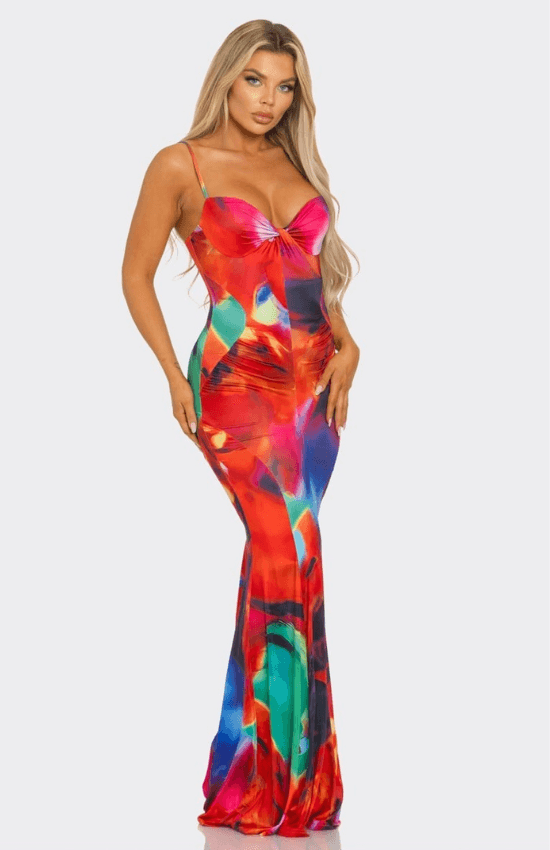 Fabiola Knotted bodice Multi Abstract Print Maxi Dress-Red Multi