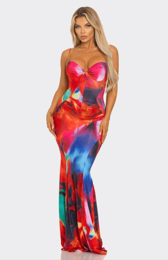 Fabiola Knotted bodice Multi Abstract Print Maxi Dress-Red Multi