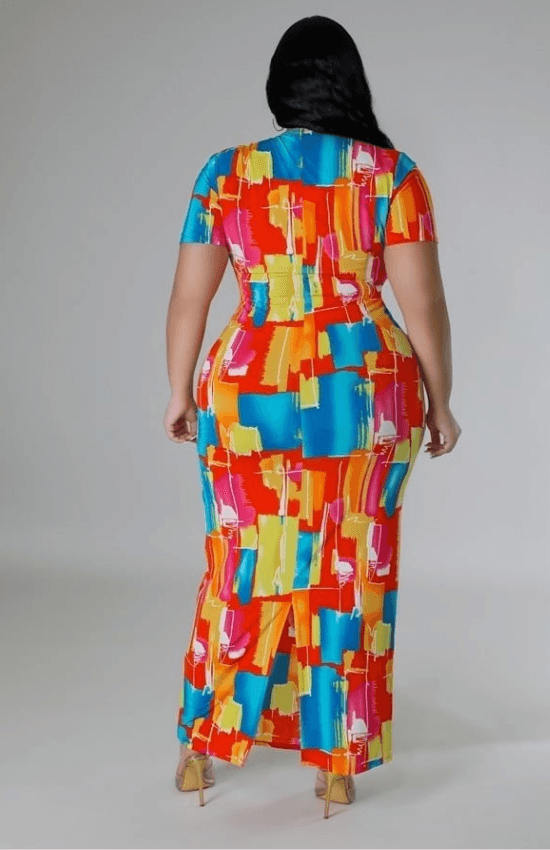 Emily Plus Size V-Neck Short Sleeves No Closure Stretch Maxi Dress-Multi