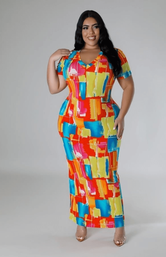 Emily Plus Size V-Neck Short Sleeves No Closure Stretch Maxi Dress-Multi