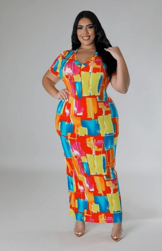 Emily Plus Size V-Neck Short Sleeves No Closure Stretch Maxi Dress-Multi