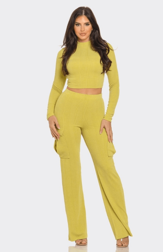 Kaliah Rib Solid Mock Neck Long Sleeve Crop Top and Side Cargo Pockets Pants Set-Chartreuse