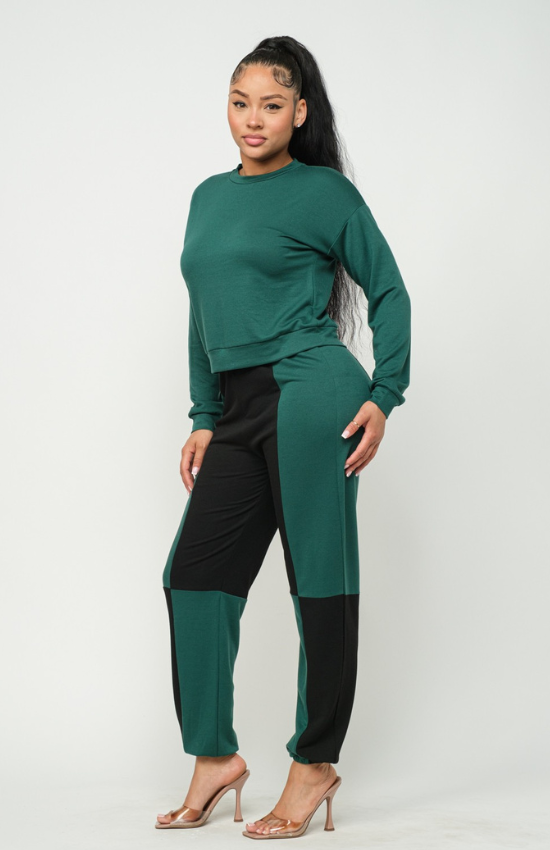 Lisa solid long sleeve top and color block pants set