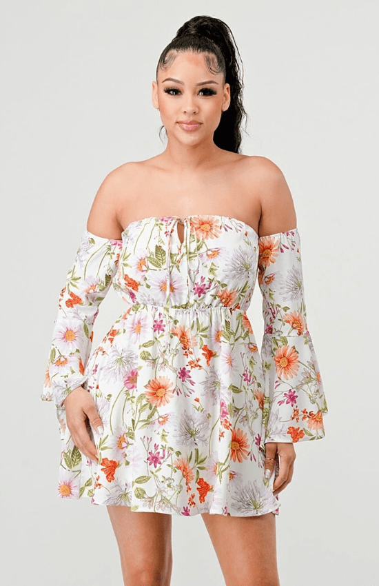 Lala Off Shoulder Bell Sleeves Keyhole Floral Mini Dress-Ivory