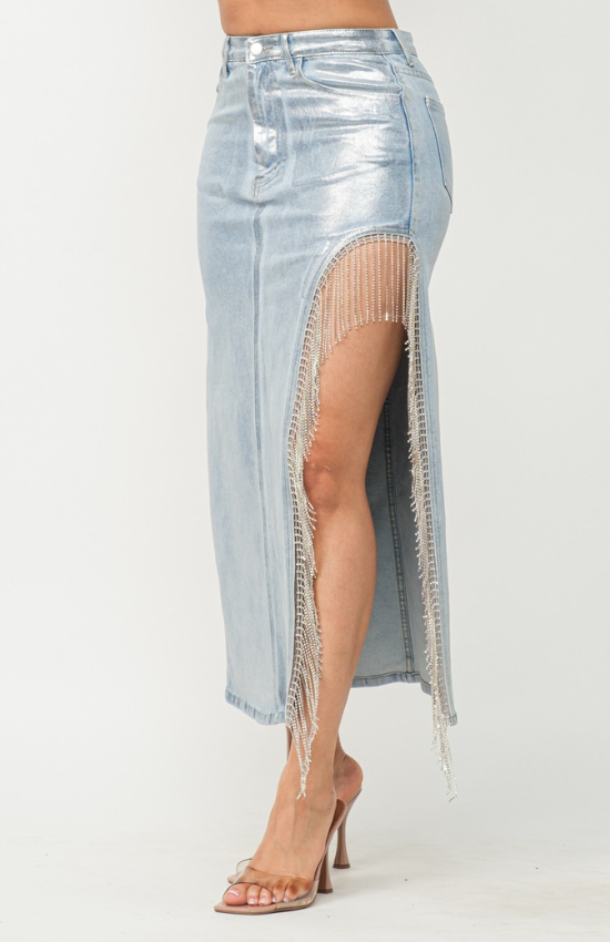 Lorie Metallic Foil Side Slit Denim Rhinestone Skirt