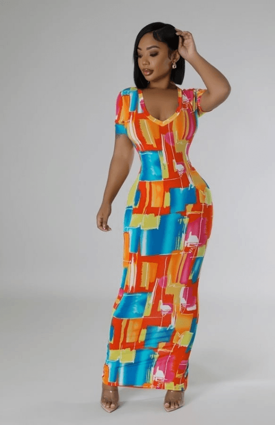 Emily V-Neck Short Sleeves No Closure Stretch Maxi Dress-Multi