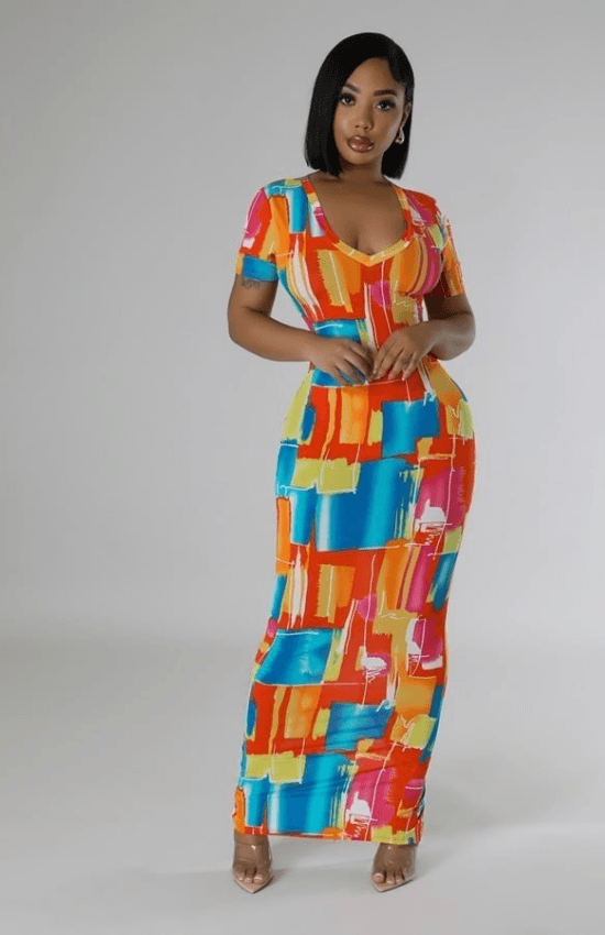 Emily V-Neck Short Sleeves No Closure Stretch Maxi Dress-Multi