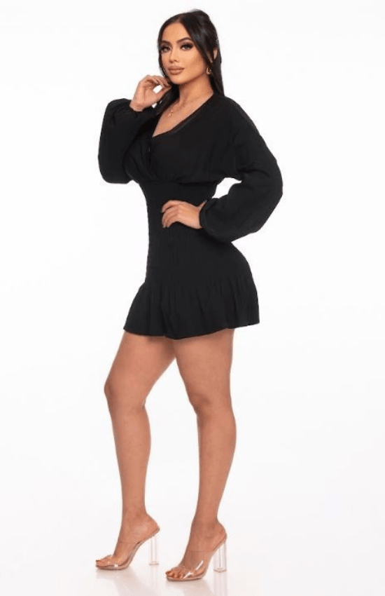 Laila Rushed Mini Dress with Puff Sleeves and V-Neck womenswear