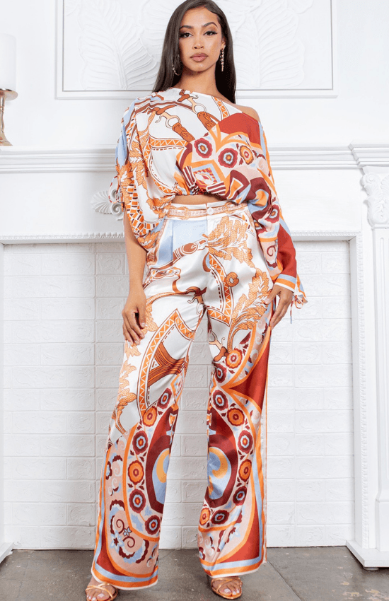 Shelby Cropped Blouse and Wide Pants Set-Rust