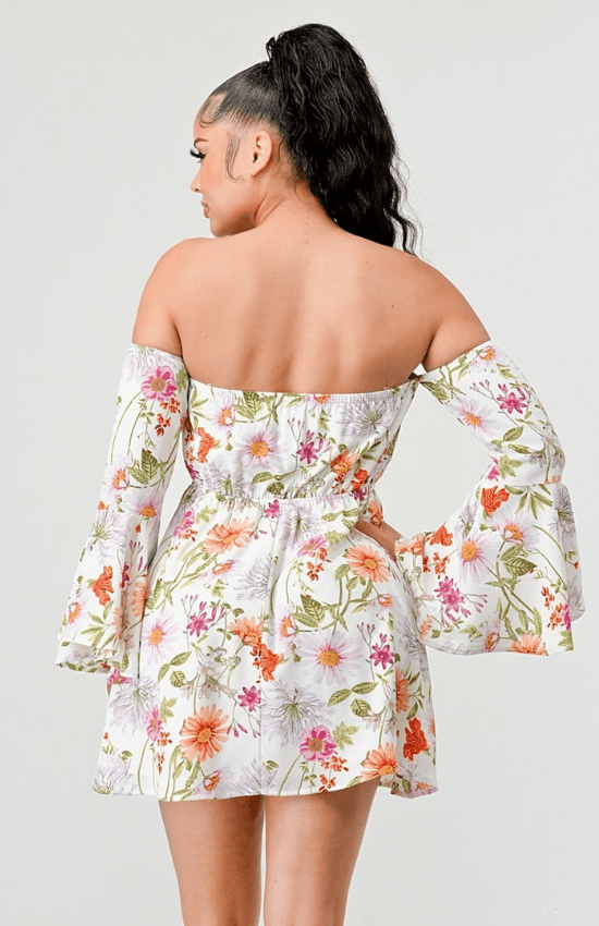 Lala Off Shoulder Bell Sleeves Keyhole Floral Mini Dress-Ivory