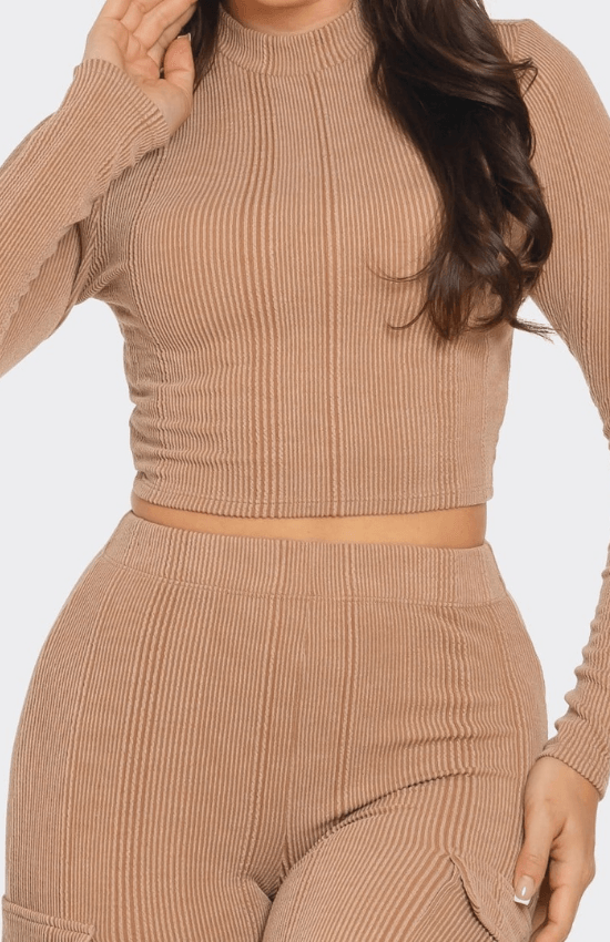 Kaliah Rib Solid Mock Neck Long Sleeve Crop Top and Side Cargo Pockets Pants Set-Mocha