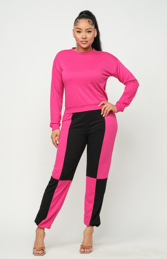 Lisa solid long sleeve top and color block pants set