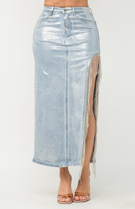 Lorie Metallic Foil Side Slit Denim Rhinestone Skirt