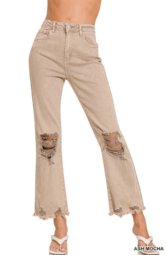 Aniya Acid Washed Waist Distressed Straight Pants